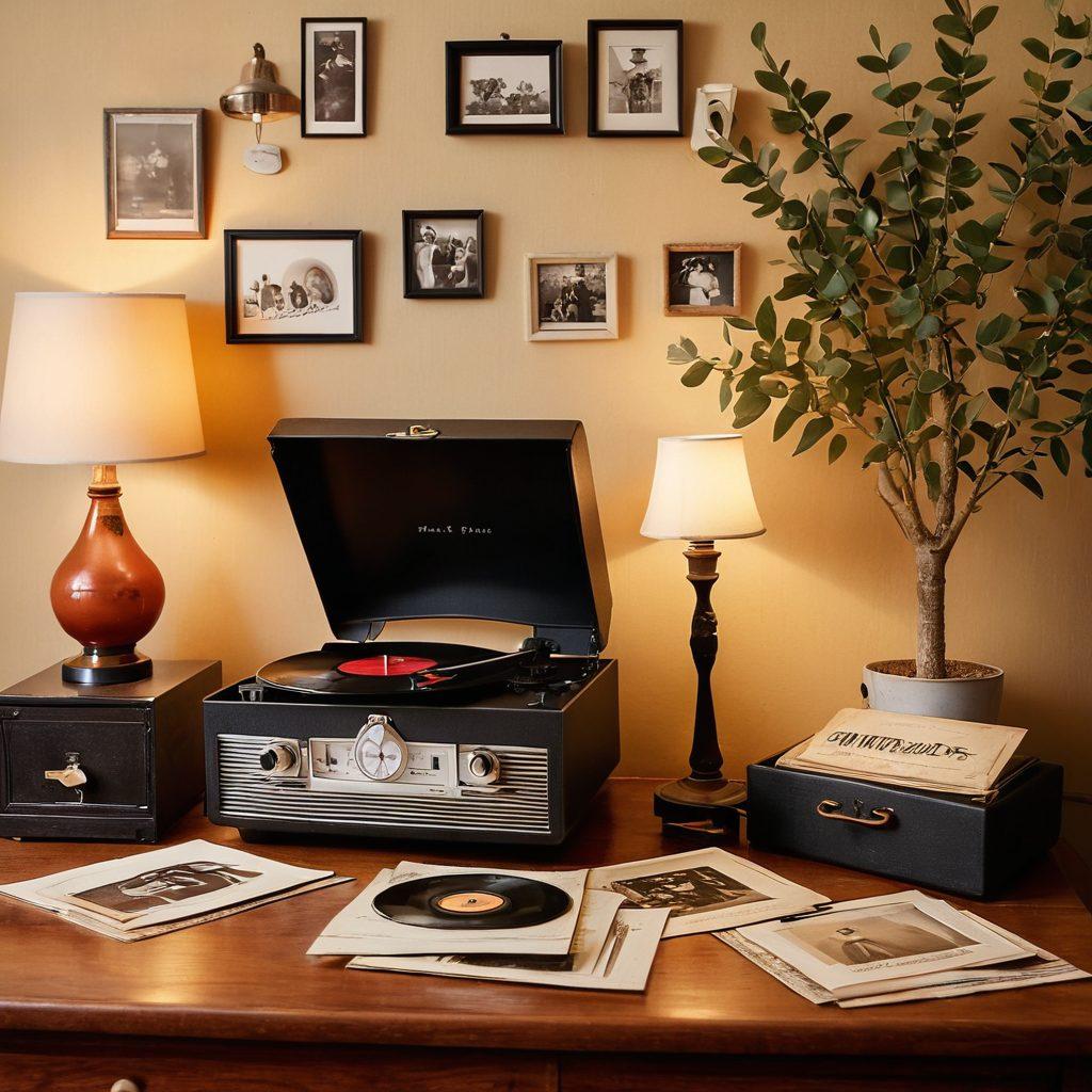 A nostalgic scene featuring a vintage record player surrounded by scattered family photographs, handwritten letters, and classic vinyl records. Soft, warm lighting casts a glow on the items, creating an inviting atmosphere that encourages storytelling. In the background, a textured wall adorned with family tree illustrations and musical notes enhances the narrative theme. Retro and stylish elements evoke a sense of connection through time. vintage style. warm tones. soft focus.