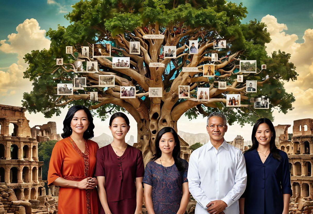 A diverse family tree branching out with vibrant ancestral portraits, showcasing different cultures and traditions across the ages. The background is a blend of ancient ruins and modern cityscapes, symbolizing the connection between past and present. Rich, earthy tones highlight the heritage aspect, while hints of technology like a digital map overlay represent recent updates in ancestry research. super-realistic. vibrant colors. 3D.