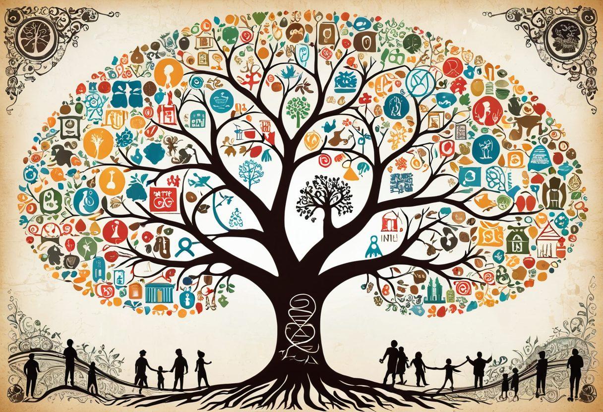 A visually engaging family tree sprawling across the image, with roots intertwining and branches showcasing diverse cultural symbols, portraits of ancestors, and connecting lines symbolizing different genealogies. In the background, a vintage map and modern technology elements like DNA strands merge seamlessly. Bright colors to evoke a sense of historical richness and modern discovery. super-realistic. vibrant colors. white background.